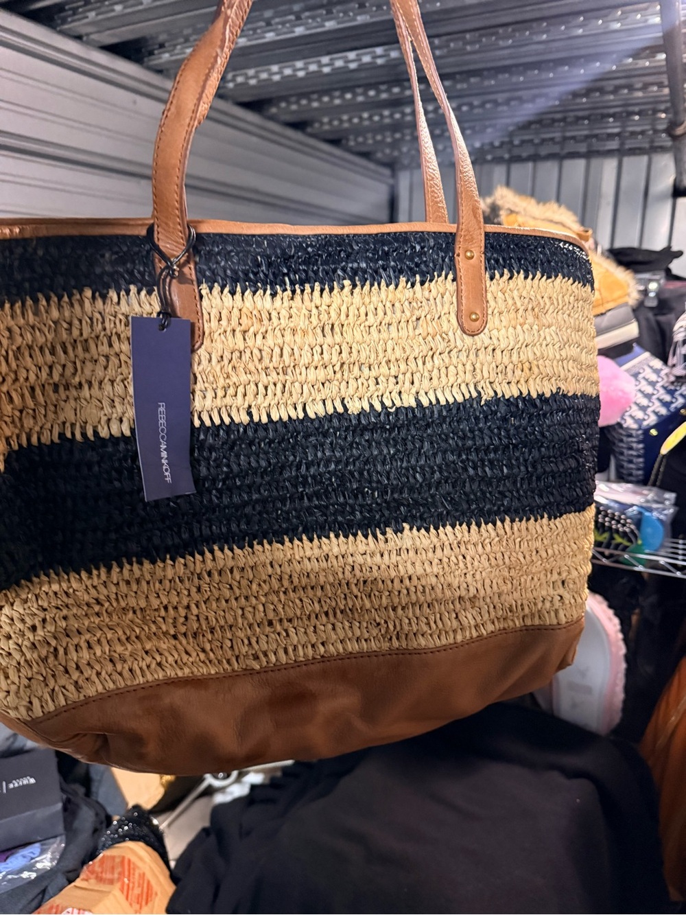 Rebecca Minkoff Black & Tan Striped Straw Tote